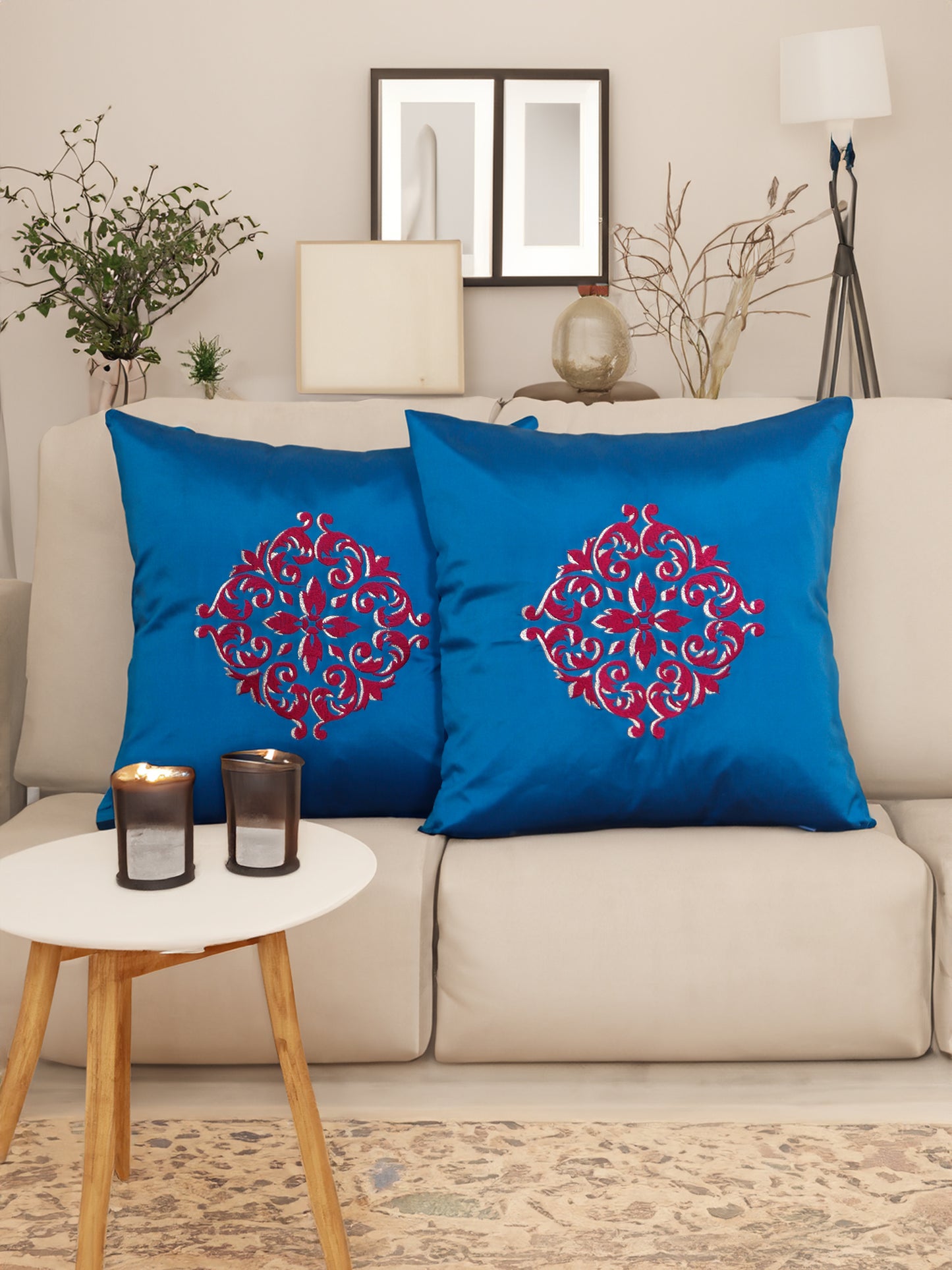 Central Mandala Ethinic Motif in Two Tone Embrodiery Cushion Cover - Blue/Red - 16x16 Inches