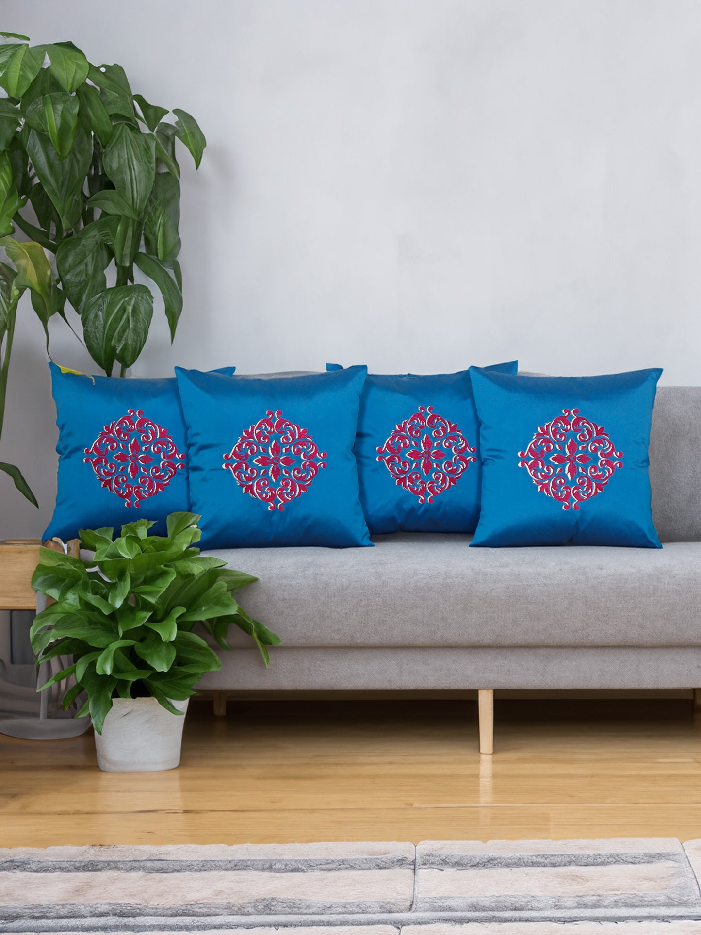 Central Mandala Ethinic Motif in Two Tone Embrodiery Cushion Cover - Blue/Red - 16x16 Inches