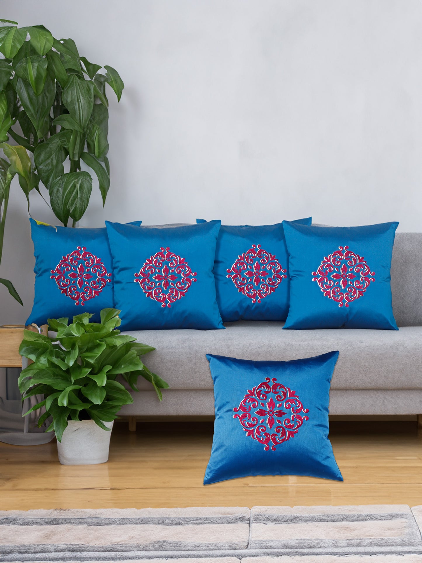 Central Mandala Ethinic Motif in Two Tone Embrodiery Cushion Cover - Blue/Red - 16x16 Inches