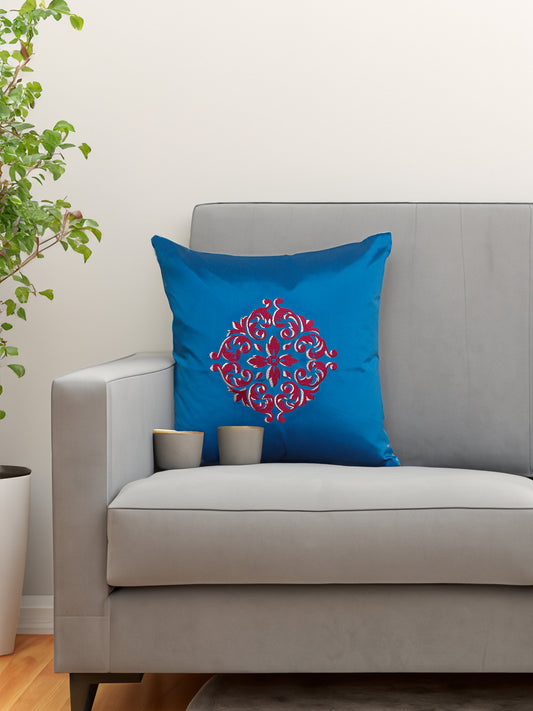 Central Mandala Ethinic Motif in Two Tone Embrodiery Cushion Cover - Blue/Red - 16x16 Inches