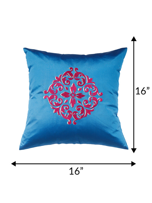 Central Mandala Ethinic Motif in Two Tone Embrodiery Cushion Cover - Blue/Red - 16x16 Inches
