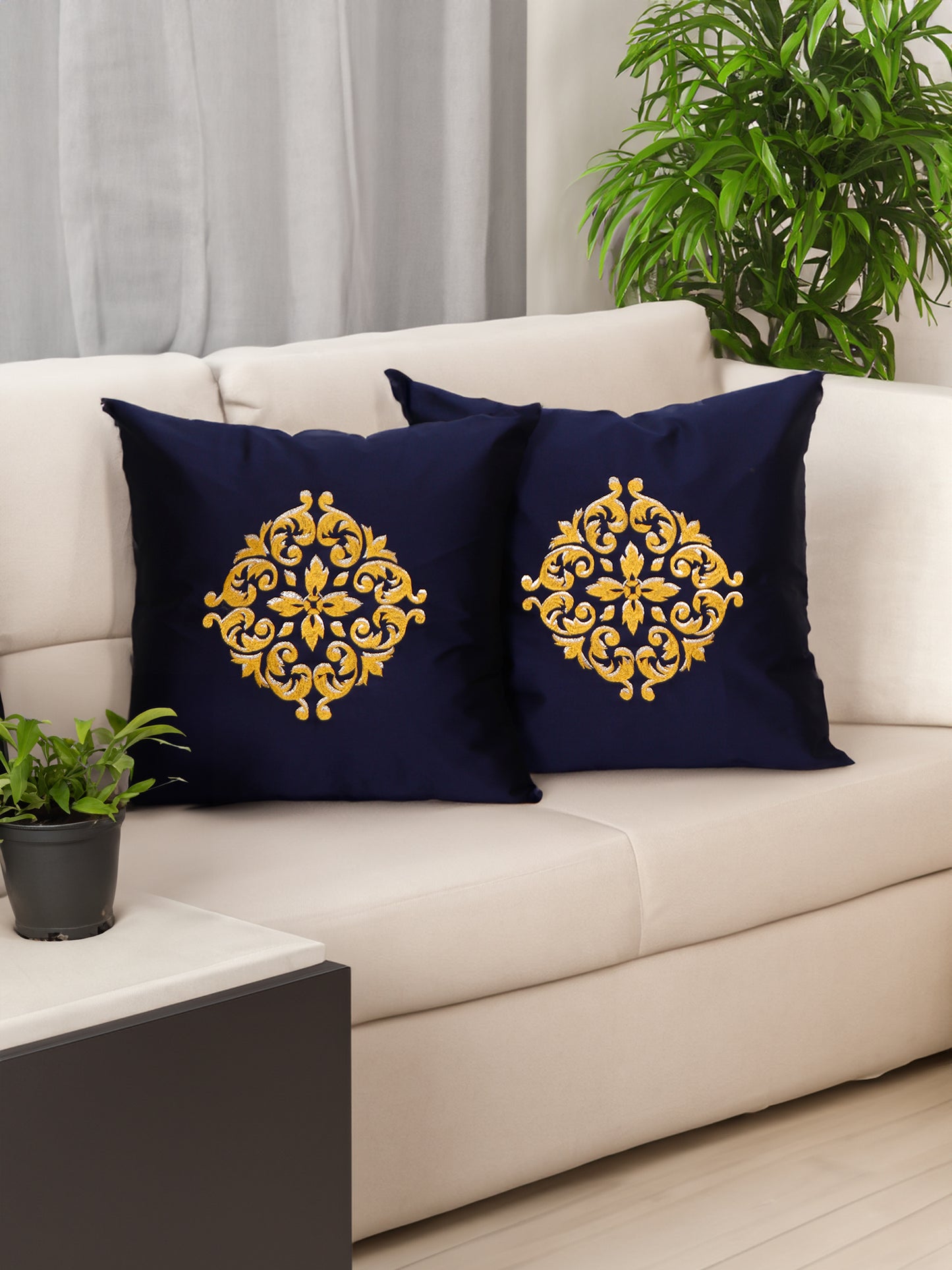 Central Mandala Ethinic Motif in Two Tone Embrodiery Cushion Cover - Blue/Gold - 16x16 Inches (Pack of 1)