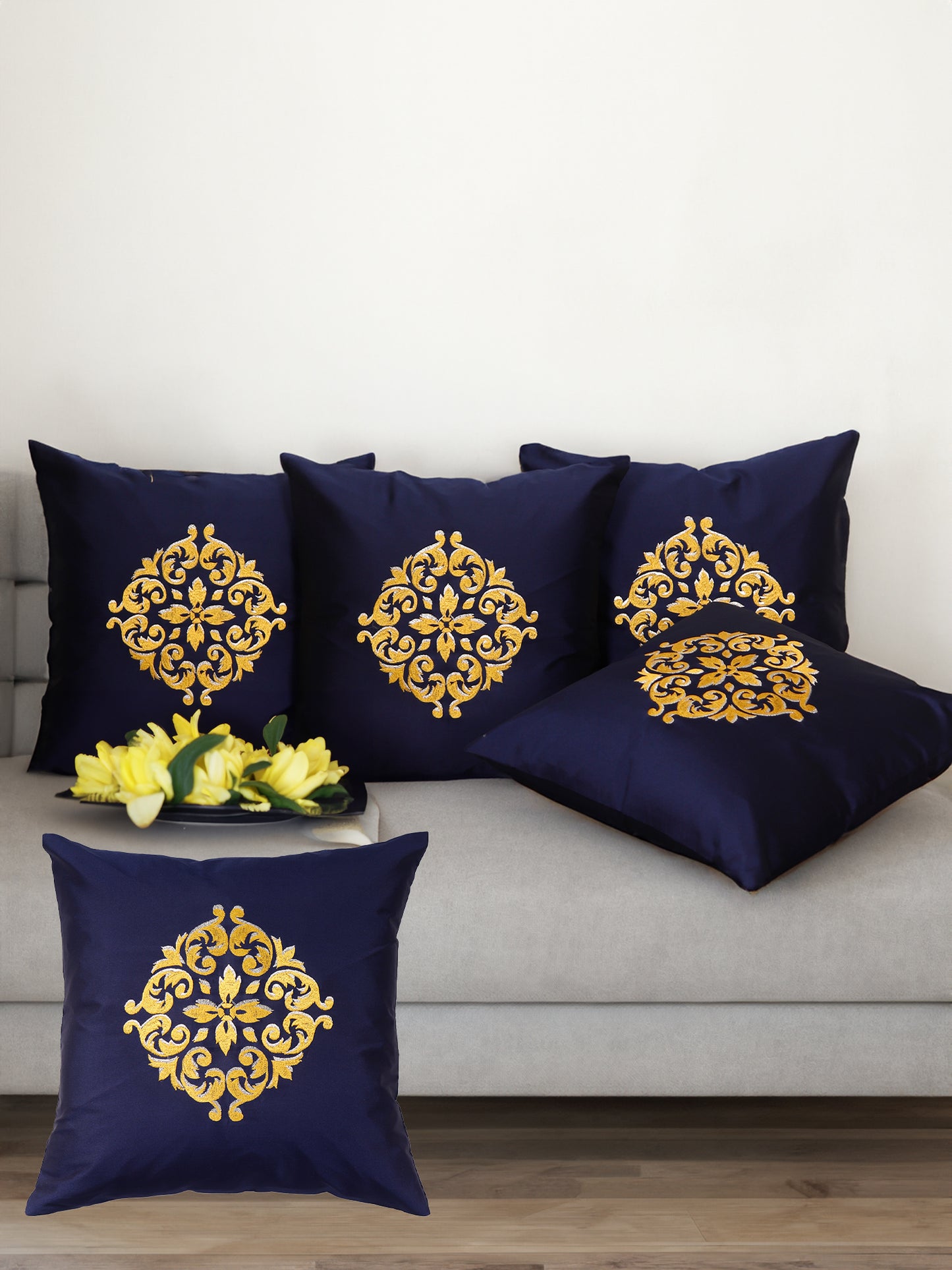Central Mandala Ethinic Motif in Two Tone Embrodiery Cushion Cover - Blue/Gold - 16x16 Inches (Pack of 1)