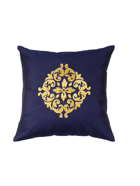 Central Mandala Ethinic Motif in Two Tone Embrodiery Cushion Cover - Blue/Gold - 16x16 Inches (Pack of 1)