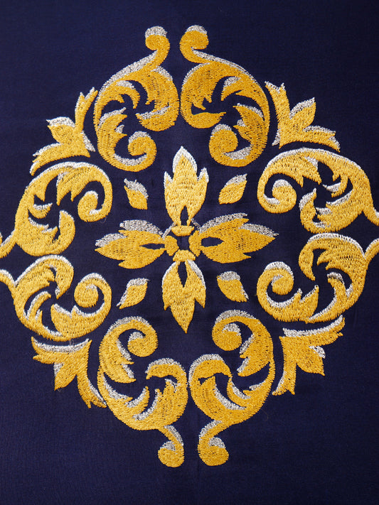 Central Mandala Ethinic Motif in Two Tone Embrodiery Cushion Cover - Blue/Gold - 16x16 Inches (Pack of 1)