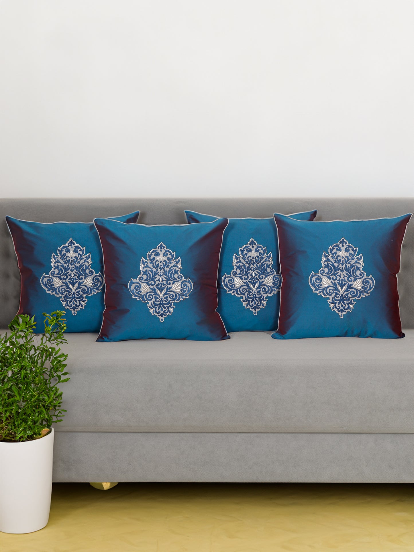 Floral Arabesque Motif in Two Tone Embrodiery Cushion Cover - Blue/Gold - 16x16 Inches
