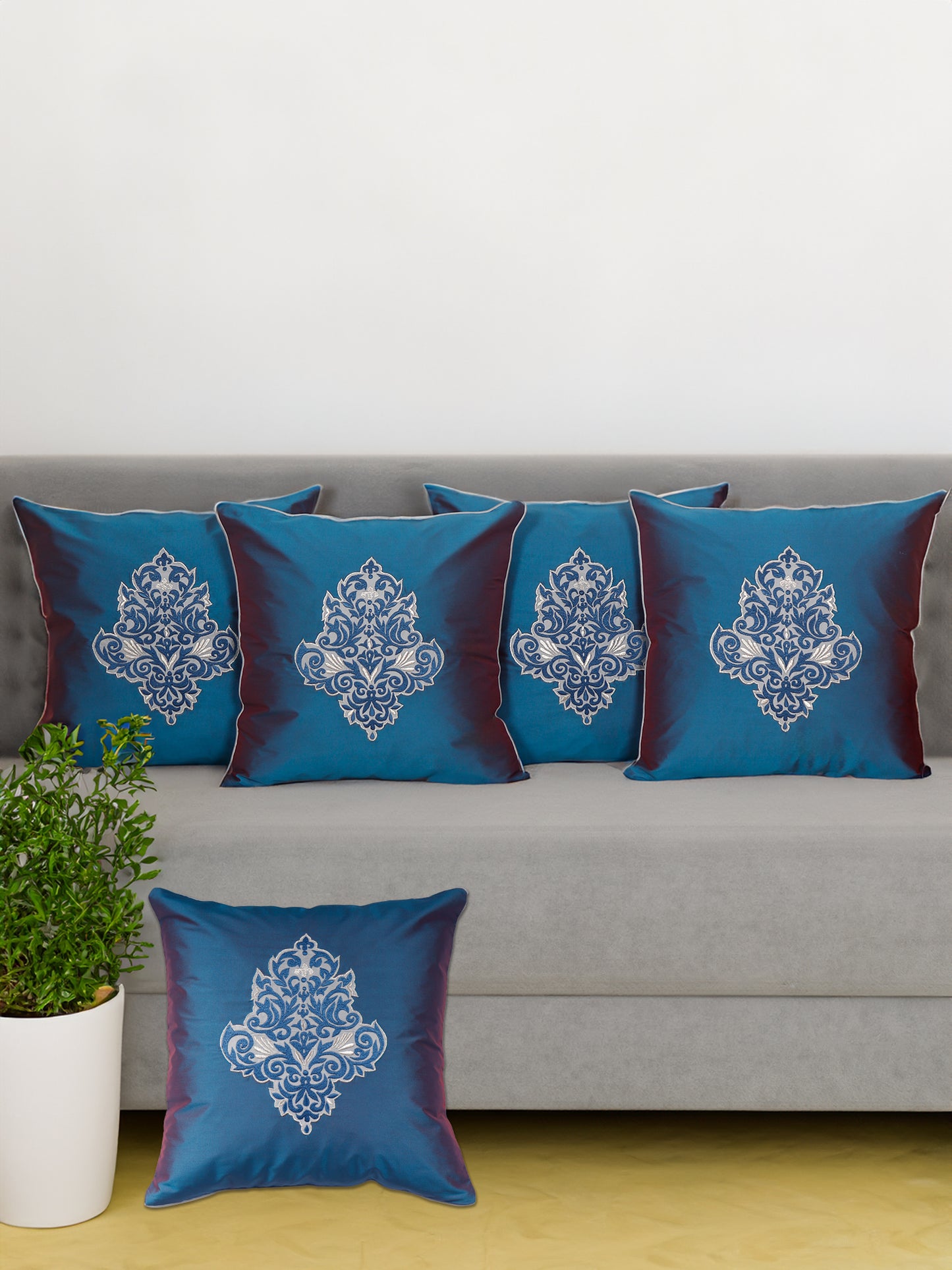 Floral Arabesque Motif in Two Tone Embrodiery Cushion Cover - Blue/Gold - 16x16 Inches