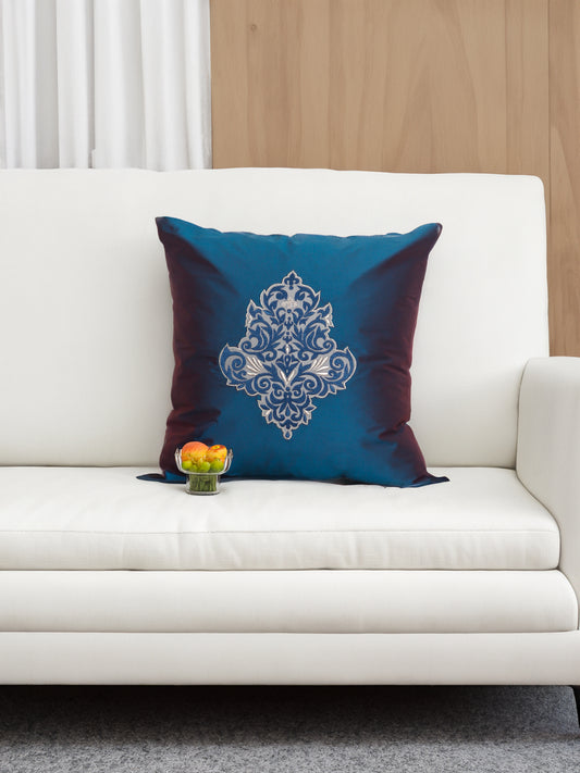 Floral Arabesque Motif in Two Tone Embrodiery Cushion Cover - Blue/Gold - 16x16 Inches