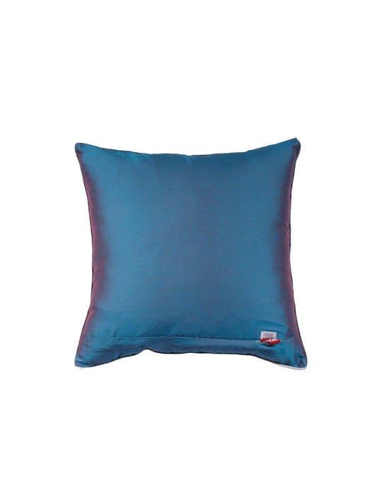 Floral Arabesque Motif in Two Tone Embrodiery Cushion Cover - Blue/Gold - 16x16 Inches