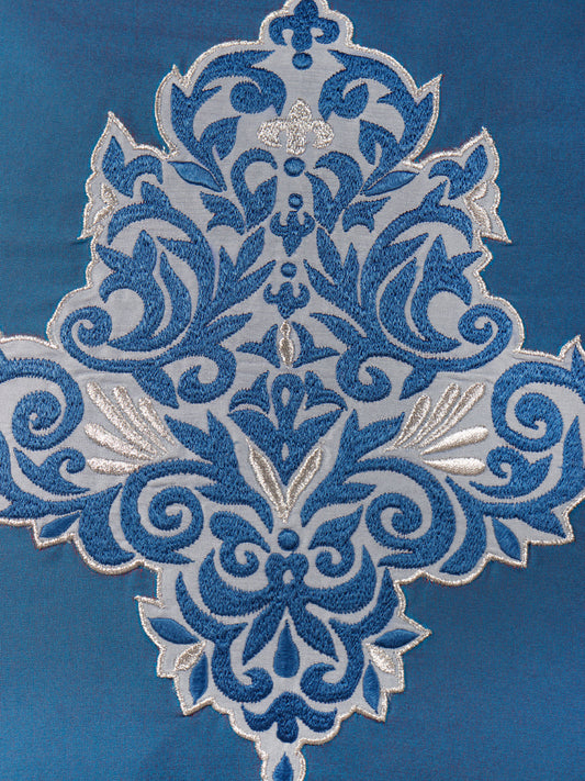 Floral Arabesque Motif in Two Tone Embrodiery Cushion Cover - Blue/Gold - 16x16 Inches