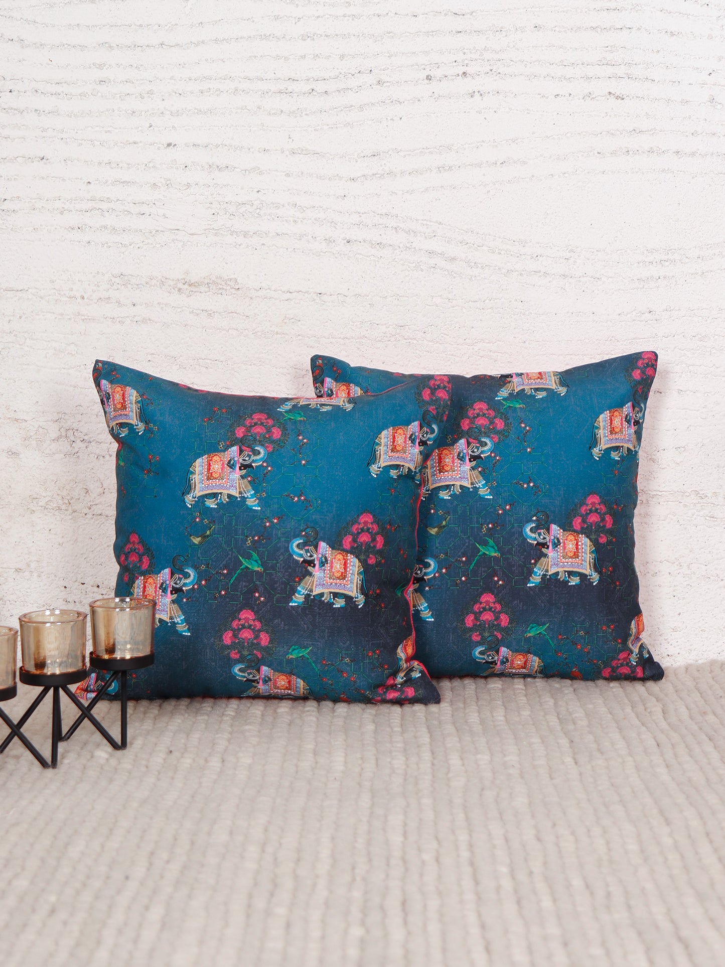 Mughal Elephant Play Printed Cushion Cover with Highlighted Silver Embroiderey - Blue - 16x16 Inches
