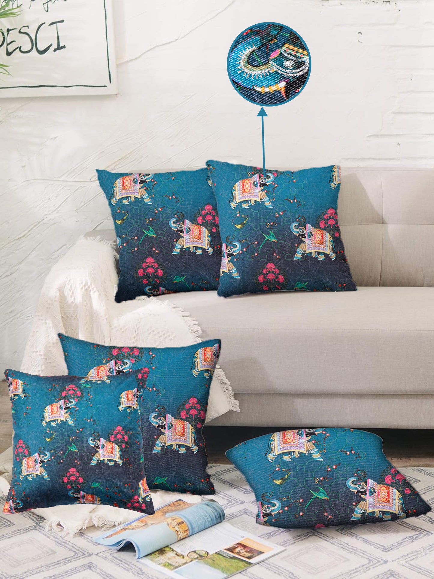 Mughal Elephant Play Printed Cushion Cover with Highlighted Silver Embroiderey - Blue - 16x16 Inches