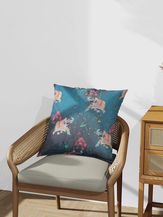 Mughal Elephant Play Printed Cushion Cover with Highlighted Silver Embroiderey - Blue - 16x16 Inches