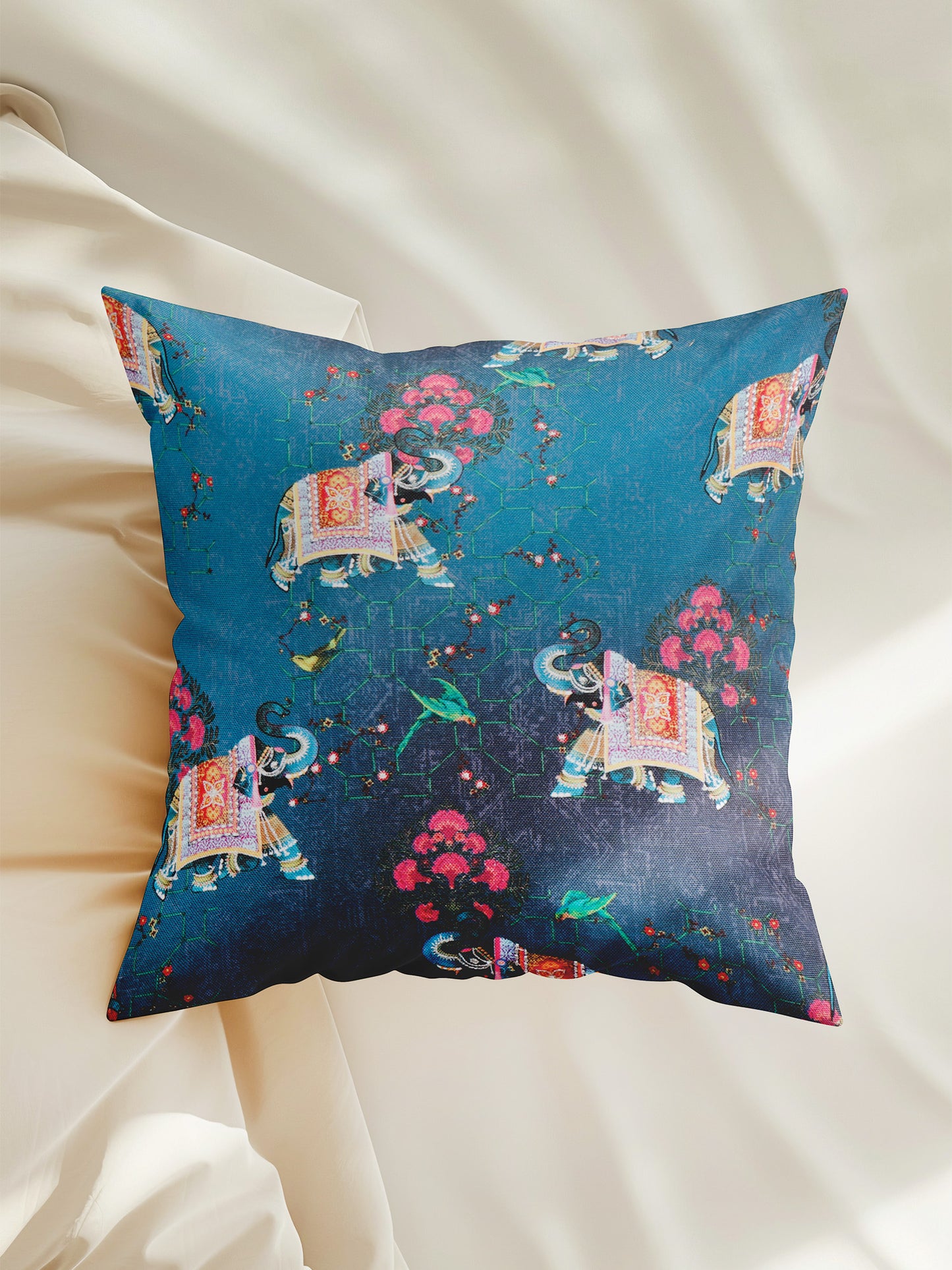 Mughal Elephant Play Printed Cushion Cover with Highlighted Silver Embroiderey - Blue - 16x16 Inches