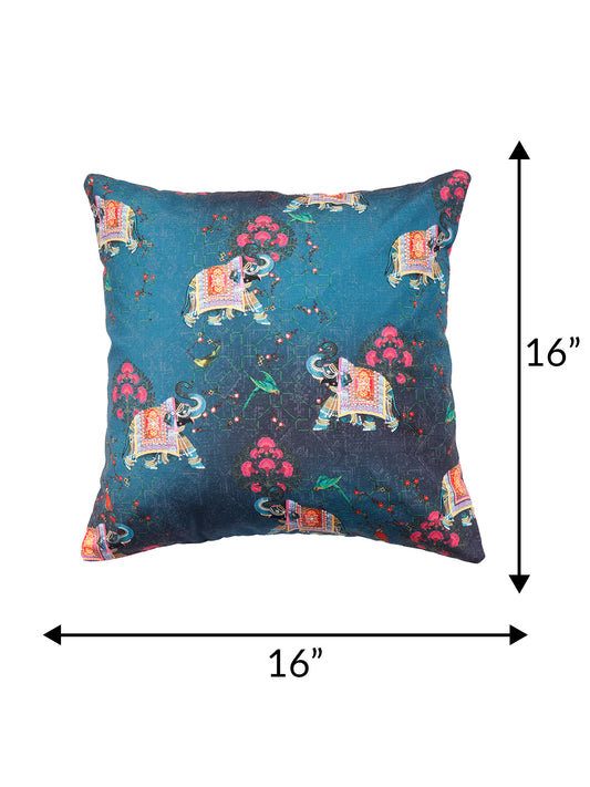 Mughal Elephant Play Printed Cushion Cover with Highlighted Silver Embroiderey - Blue - 16x16 Inches