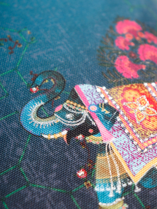 Mughal Elephant Play Printed Cushion Cover with Highlighted Silver Embroiderey - Blue - 16x16 Inches
