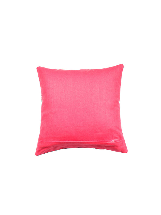 Mughal Elephant Play Printed Cushion Cover with Highlighted Silver Embroiderey - Blue - 16x16 Inches