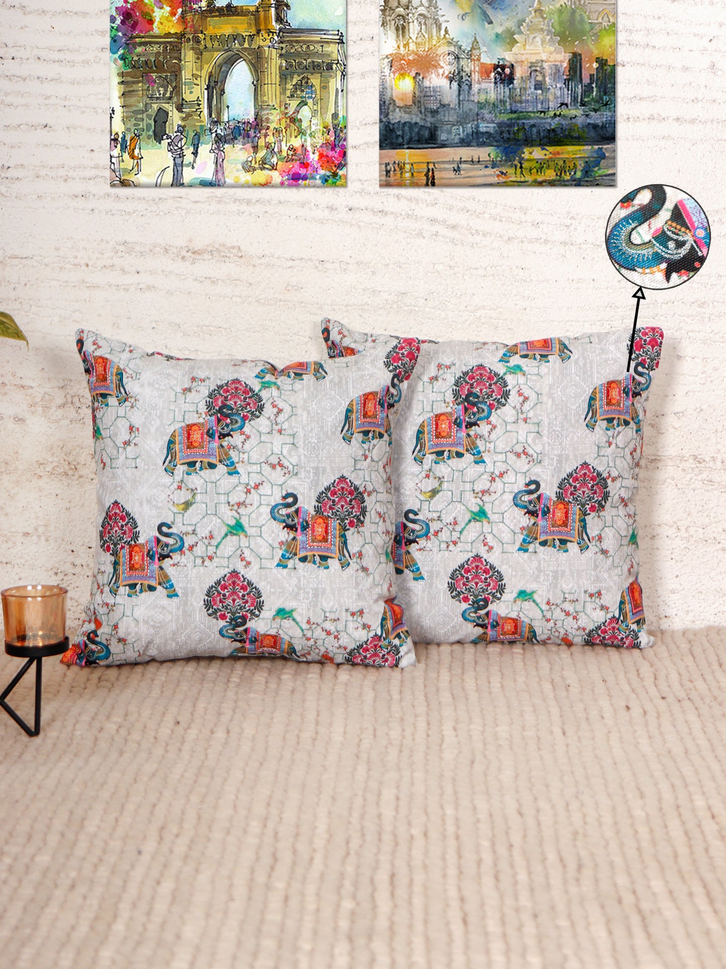 Mughal Elephant Play Printed Cushion Cover with Highlighted Silver Embroiderey - White - 16x16 Inches