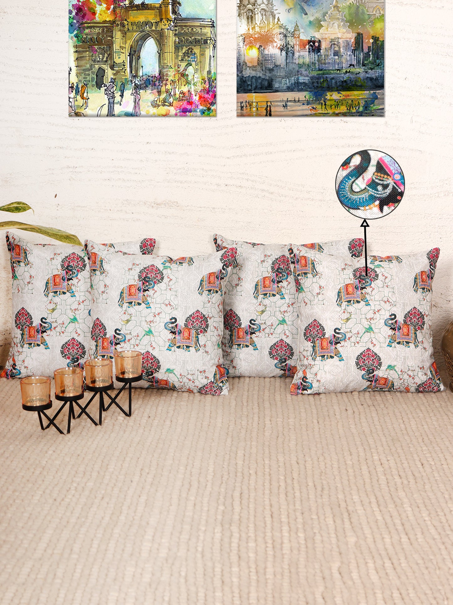 Mughal Elephant Play Printed Cushion Cover with Highlighted Silver Embroiderey - White - 16x16 Inches
