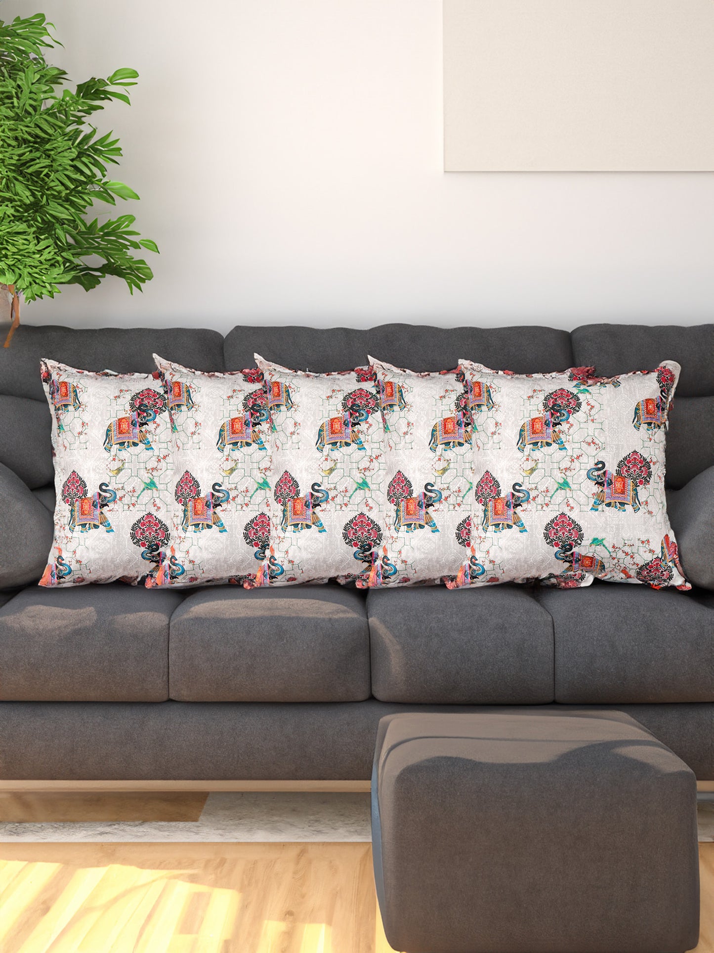 Mughal Elephant Play Printed Cushion Cover with Highlighted Silver Embroiderey - White - 16x16 Inches