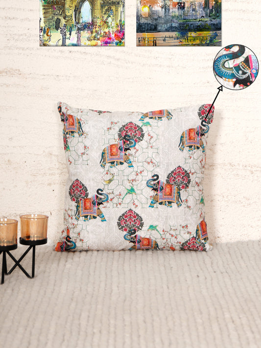 Mughal Elephant Play Printed Cushion Cover with Highlighted Silver Embroiderey - White - 16x16 Inches