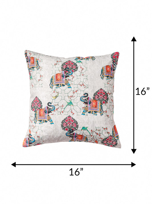 Mughal Elephant Play Printed Cushion Cover with Highlighted Silver Embroiderey - White - 16x16 Inches