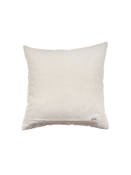 Mughal Elephant Play Printed Cushion Cover with Highlighted Silver Embroiderey - White - 16x16 Inches