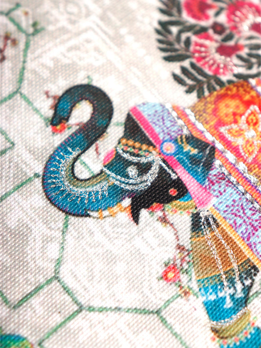 Mughal Elephant Play Printed Cushion Cover with Highlighted Silver Embroiderey - White - 16x16 Inches