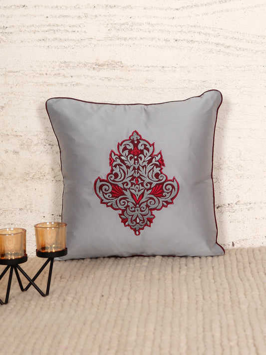 Floral Arabesque Motif in Two Tone Embrodiery Cushion Cover - Silver/Magenta - 16x16 Inches