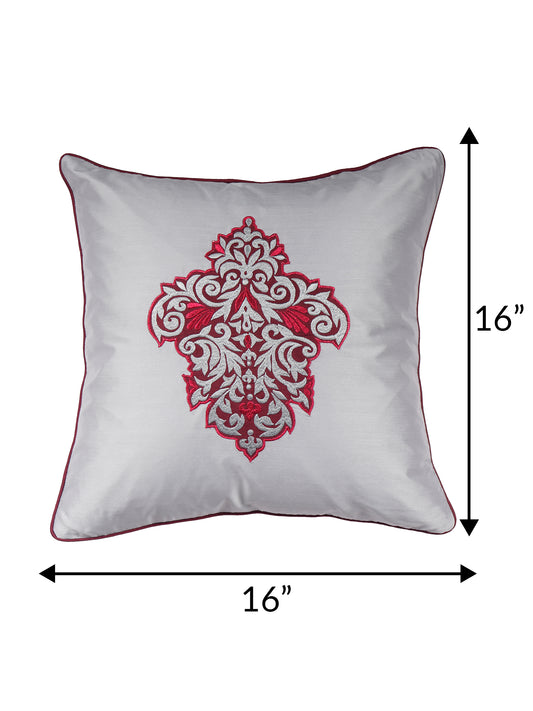 Floral Arabesque Motif in Two Tone Embrodiery Cushion Cover - Silver/Magenta - 16x16 Inches