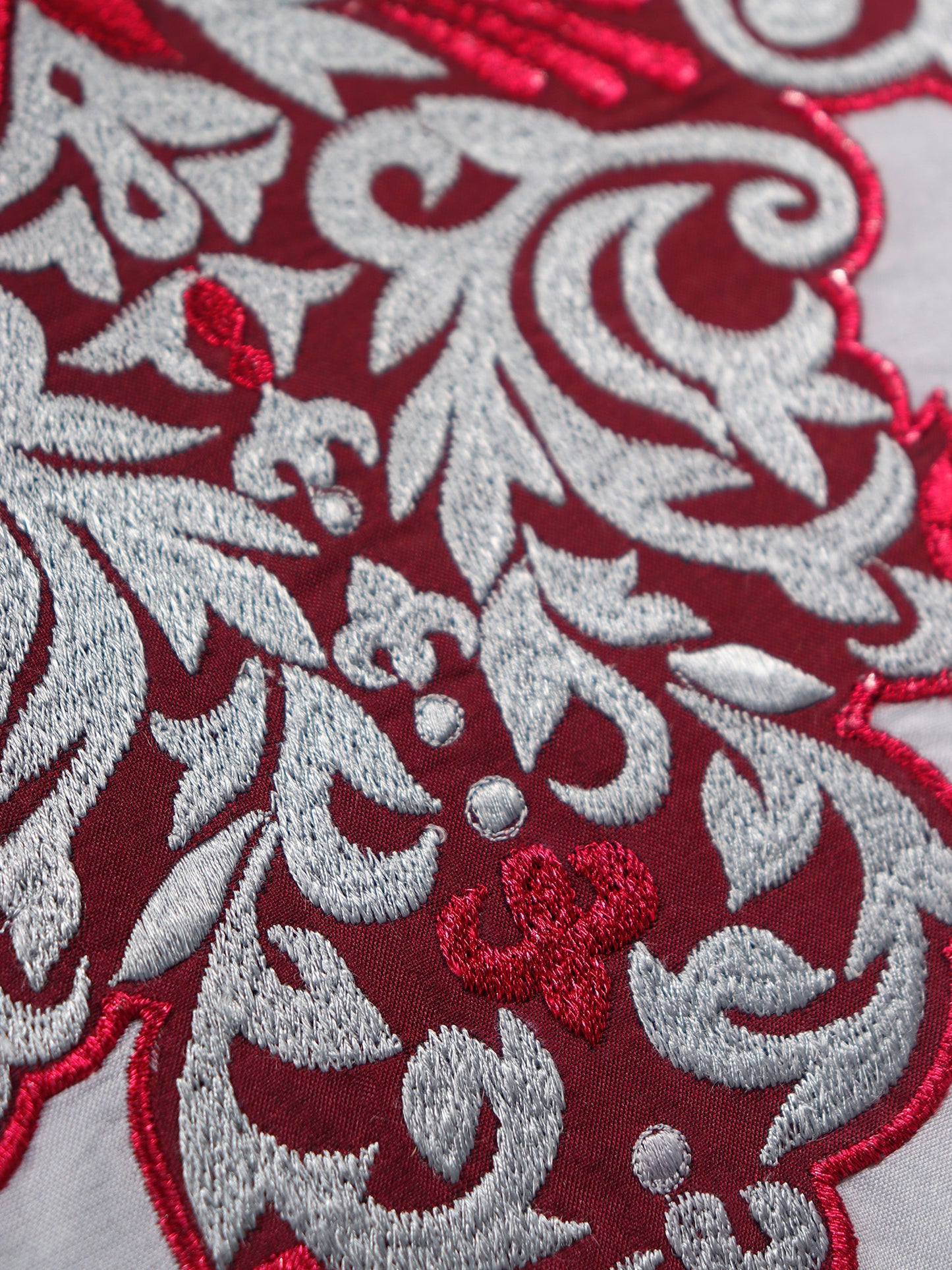 Floral Arabesque Motif in Two Tone Embrodiery Cushion Cover - Silver/Magenta - 16x16 Inches