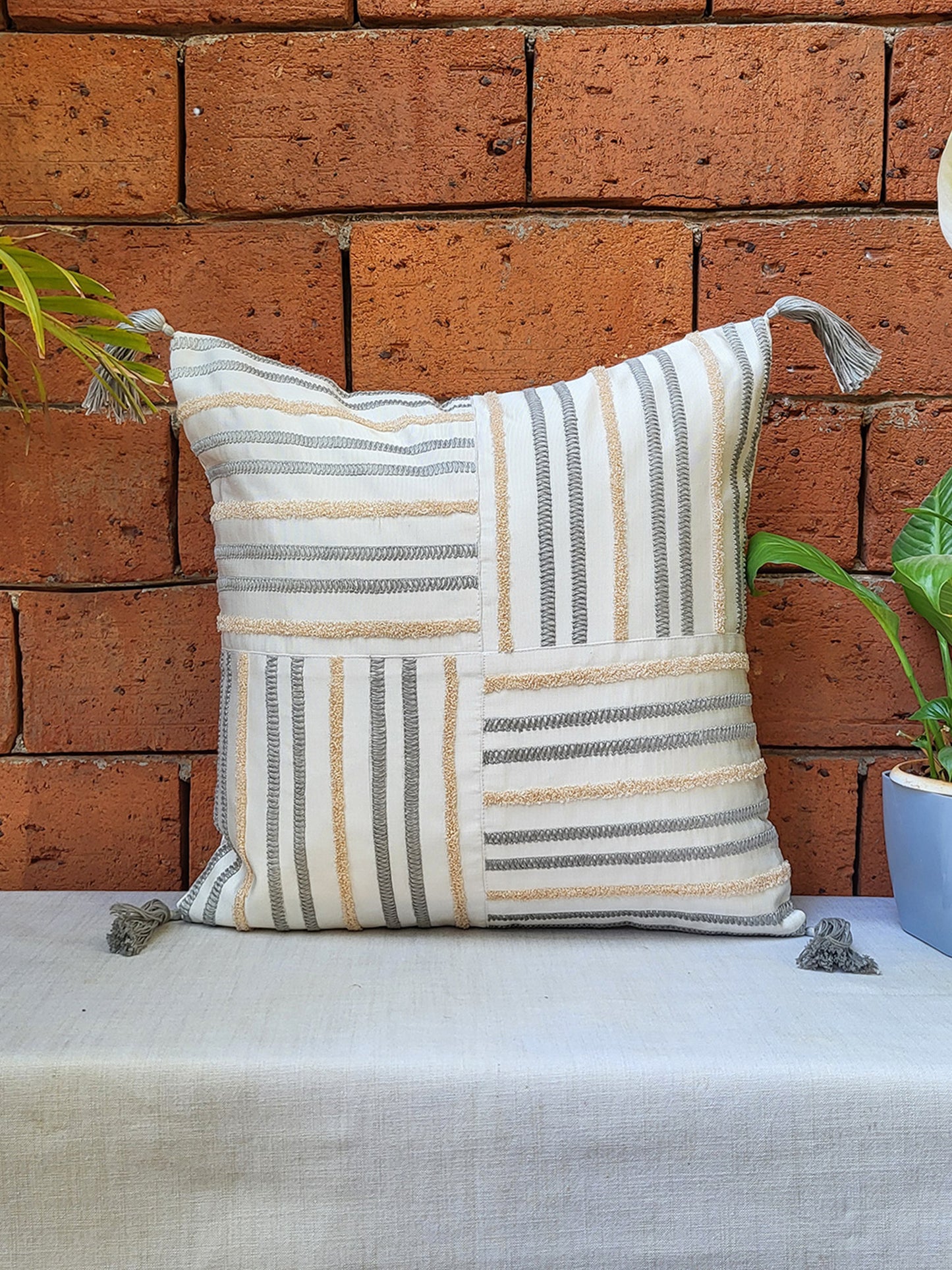 Polyester Blend Cushion Cover - Patch Work, Hand Work, Towel Embroidery & Tassels, Off White, 16x16 inches, Set of 1