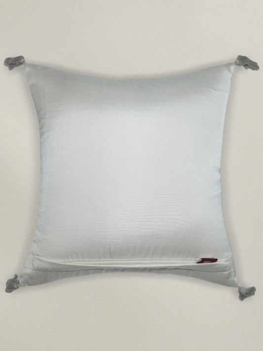 Polyester Blend Cushion Cover - Patch Work, Hand Work, Towel Embroidery & Tassels, Off White, 16x16 inches, Set of 1