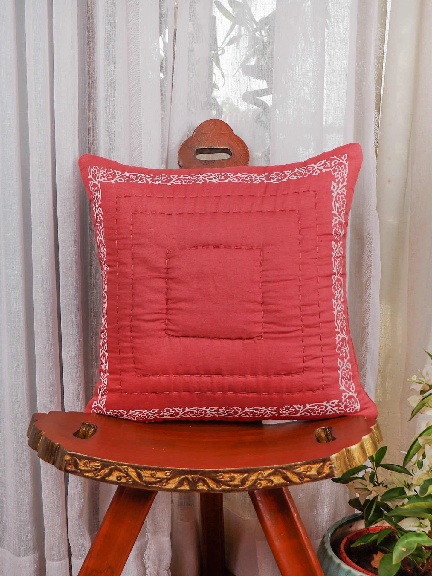 Hand Embroidered Luxe Collection Cushion Covers | Block Printing Coral - 16x16 Inches (Set of 4)