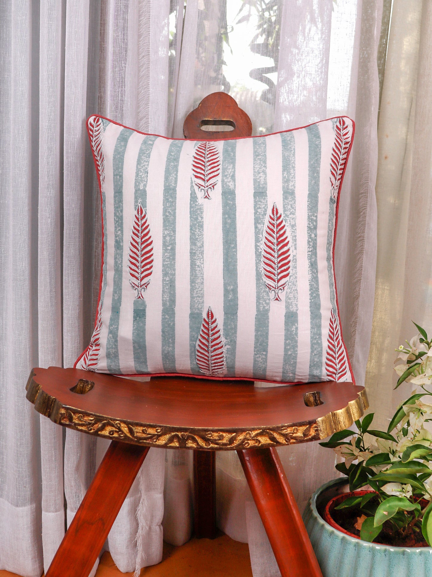 Hand Embroidered Luxe Collection Cushion Covers | Block Printing Coral - 16x16 Inches (Set of 4)