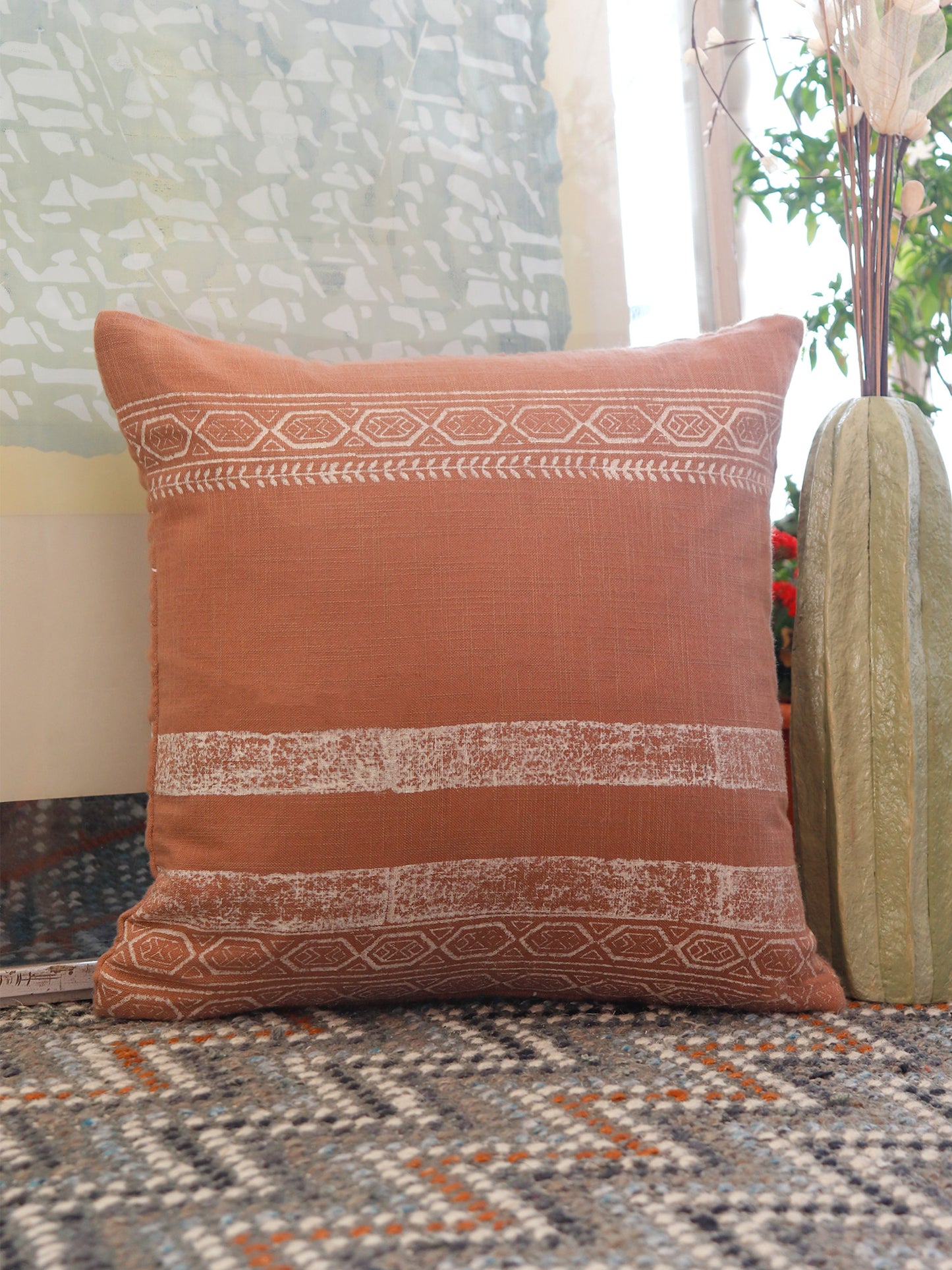 Block Printed Luxe Collection Cushoin Covers with Flange Border | Beige - 16x16, 18x18, 20x20, 12x22 inches (Set of 6)
