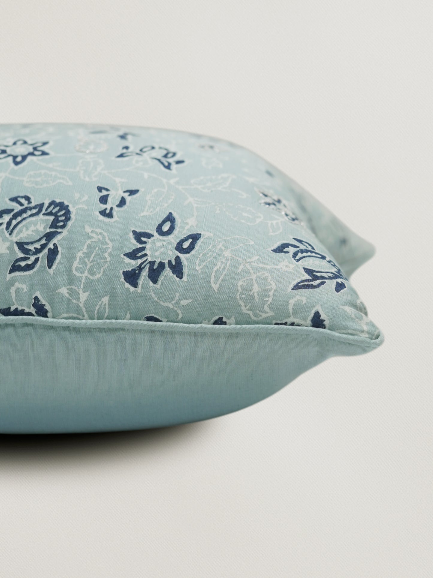 Hand Embroidered Luxe Collection Cushion Cover | Block Printing Blue - 16x16 Inches