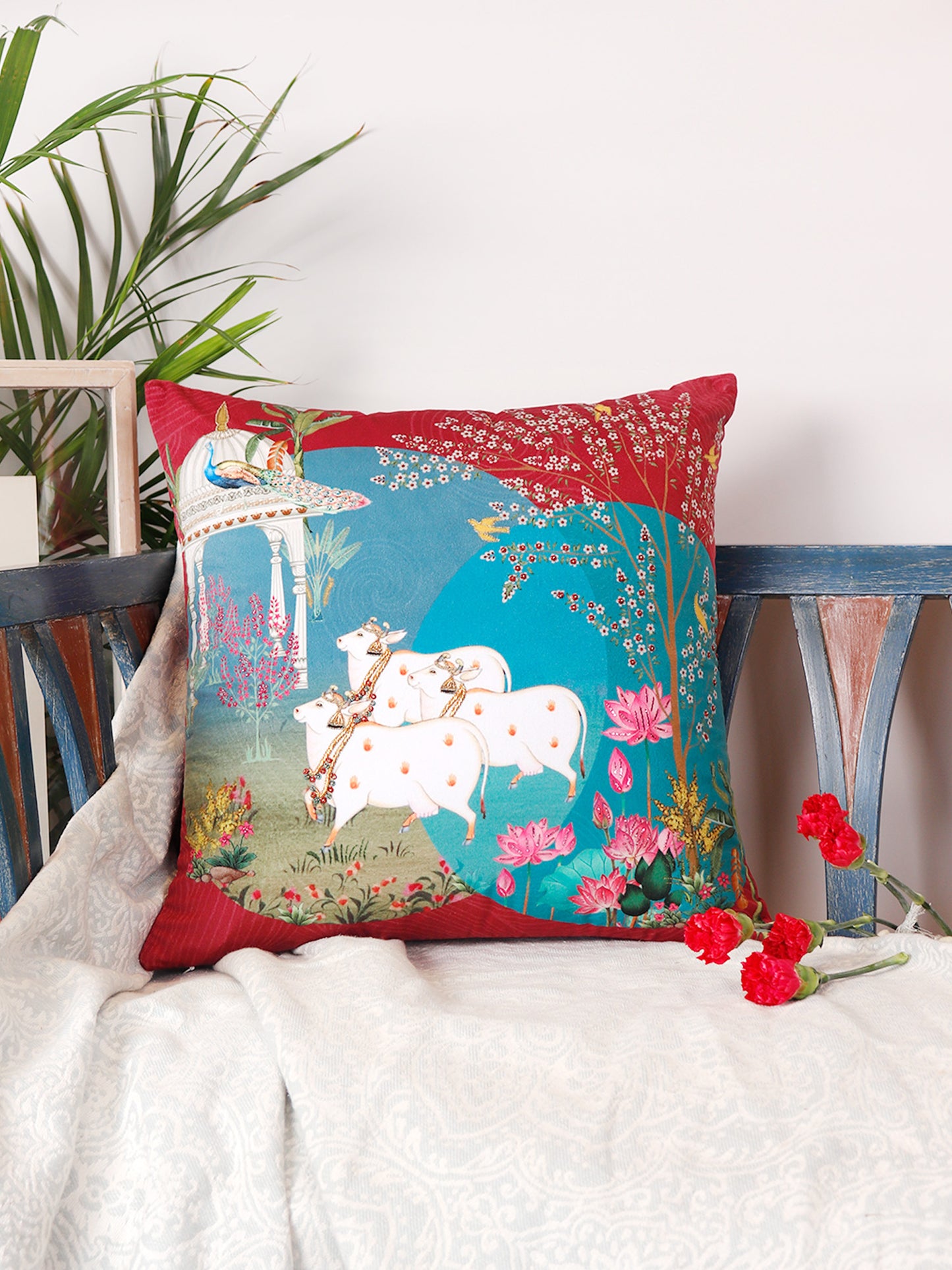 Hand Embroidered Pichwai Cushion Cover with Digital Print | Embellished Velvet 18x18 Inches