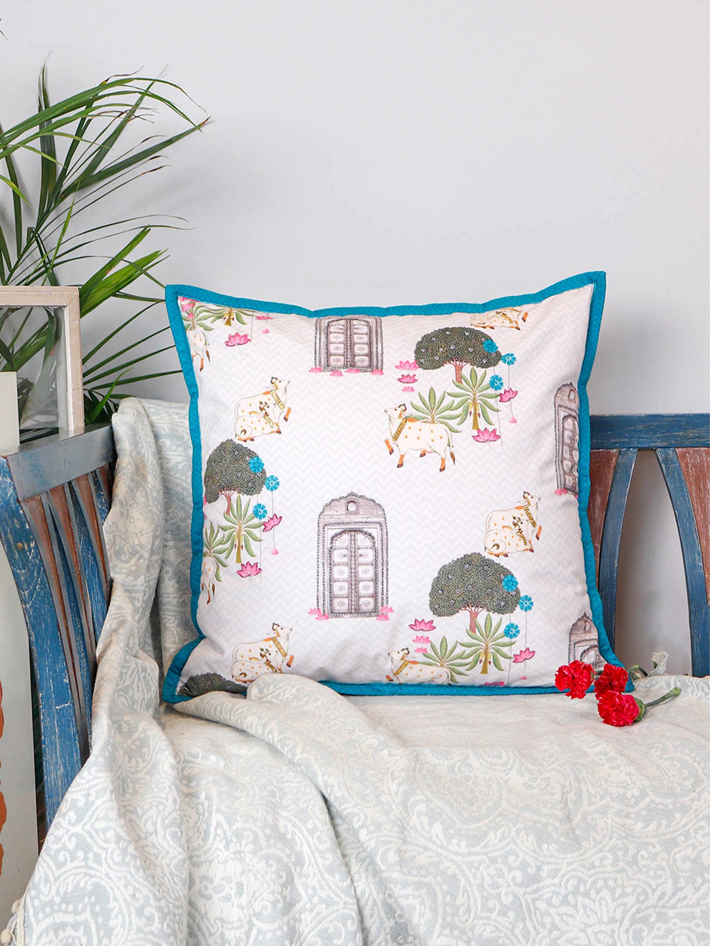 Hand Embroidered Pichwai Cushion Cover with Digital Print | Chevron Flange Border Velvet 18x18 Inches