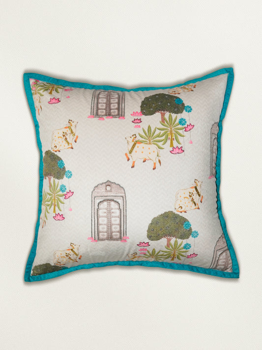 Hand Embroidered Pichwai Cushion Cover with Digital Print | Chevron Flange Border Velvet 18x18 Inches