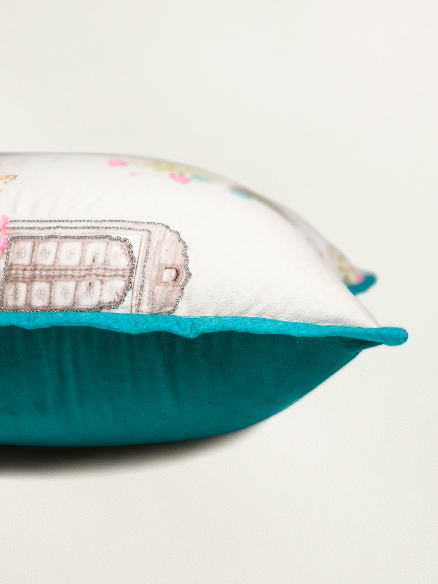 Hand Embroidered Pichwai Cushion Cover with Digital Print | Chevron Flange Border Velvet 18x18 Inches