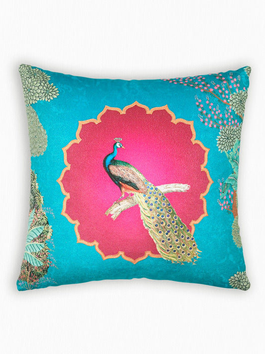 Hand Embroidered Pichwai Cushion Cover with Digital Print | Peacock Embellished Velvet 16x16 Inches