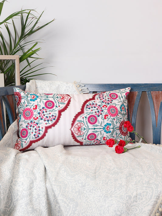 Hand Embroidered Pichwai Cushion Cover with Floral Digital Print | Embellished Velvet 12x22 Inches