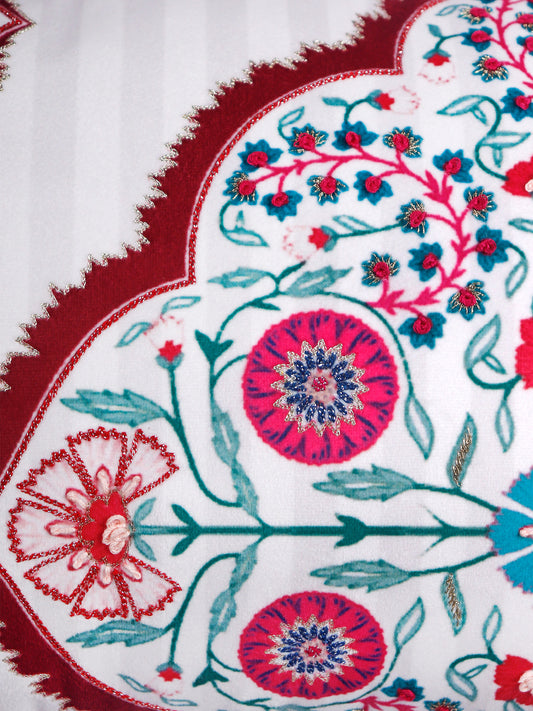 Hand Embroidered Pichwai Cushion Cover with Floral Digital Print | Embellished Velvet 12x22 Inches