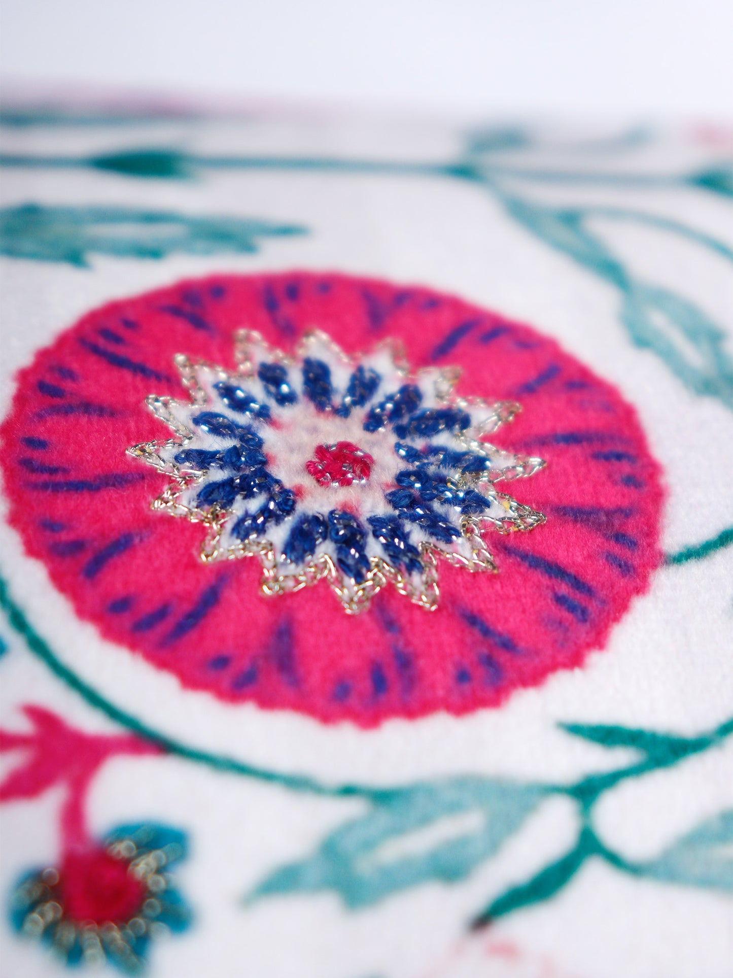 Hand Embroidered Pichwai Cushion Cover with Floral Digital Print | Embellished Velvet 12x22 Inches