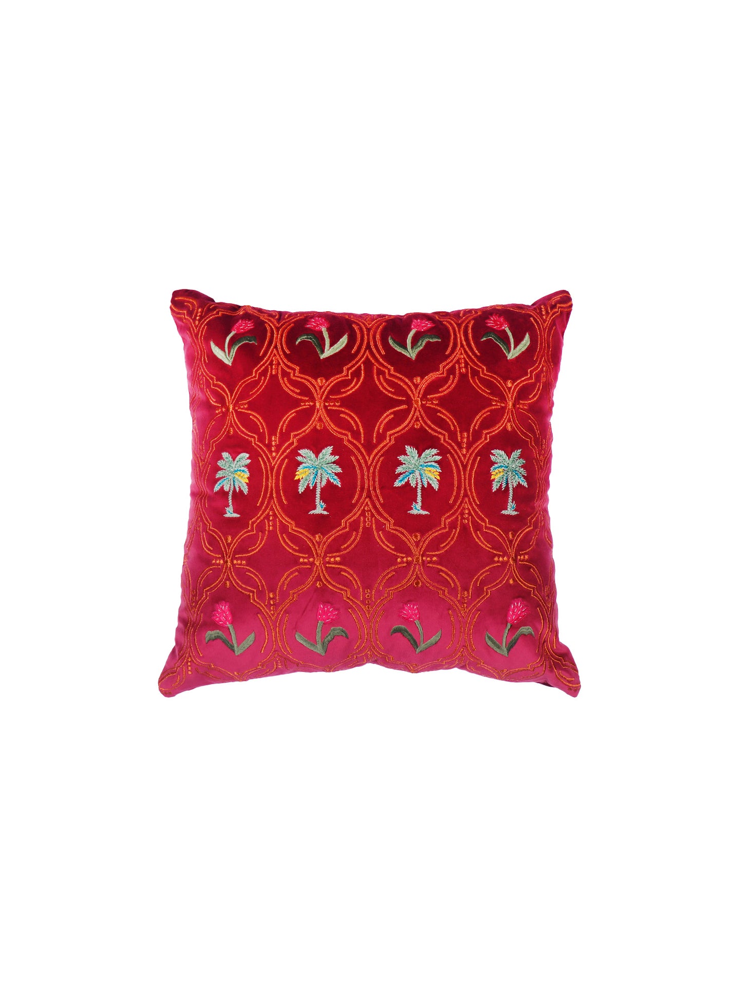 Pichwai Collection of Hand Embroidered Cushion Covers | Palm Tree Peacock Multicolor, Velvet 16 inches X 16 inches, 18 inches X 18 inches (Set of 2)