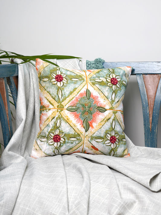 Poyester Blend Cushion Cover – White Linen, Hand Embroidery 12x12 inch Set of 1