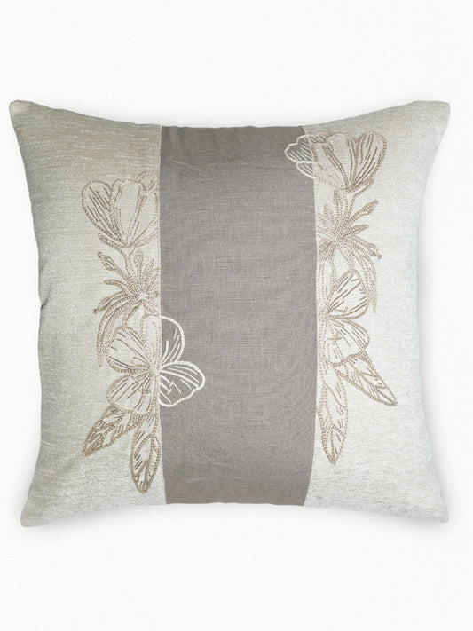 Floral Embroidered Patchwork Cushion Cover 16 Inch x 16 Inch | Beige
