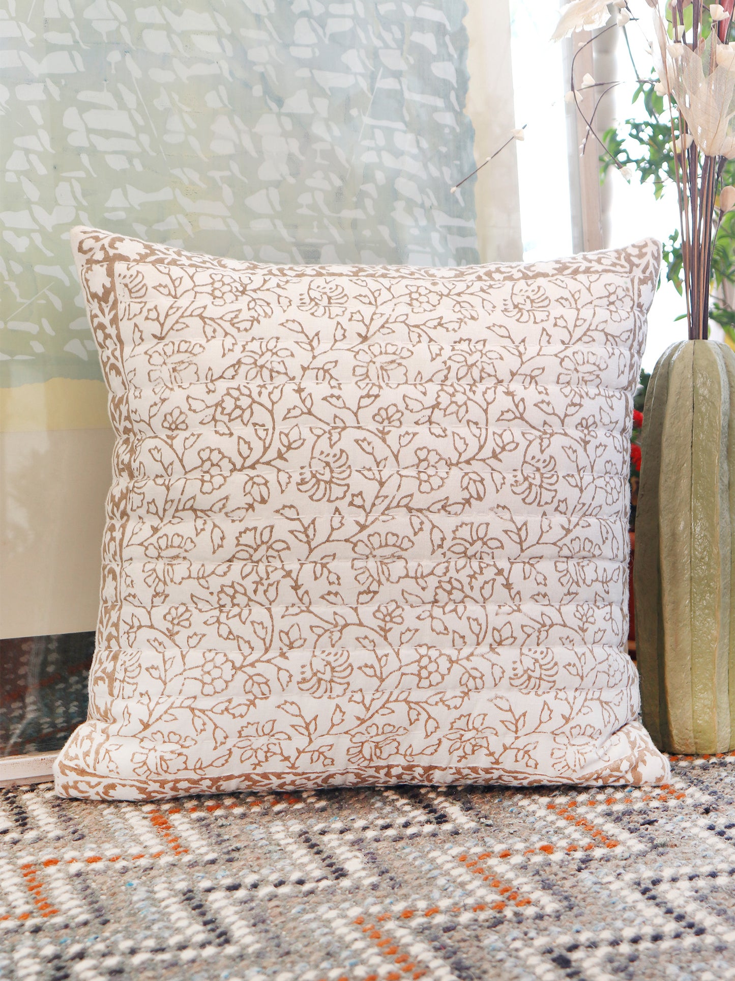 Block Printed Luxe Collection Cushoin Covers with Flange Border | Beige - 16x16, 18x18, 20x20, 12x22 inches (Set of 6)