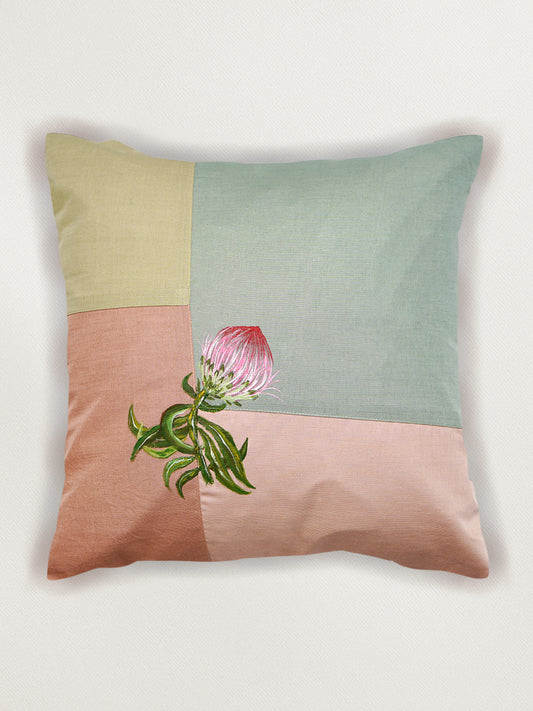Multicolor Linen Cushion Cover-Patchwork with Hand Painted Design |16x16 inches, set of 1